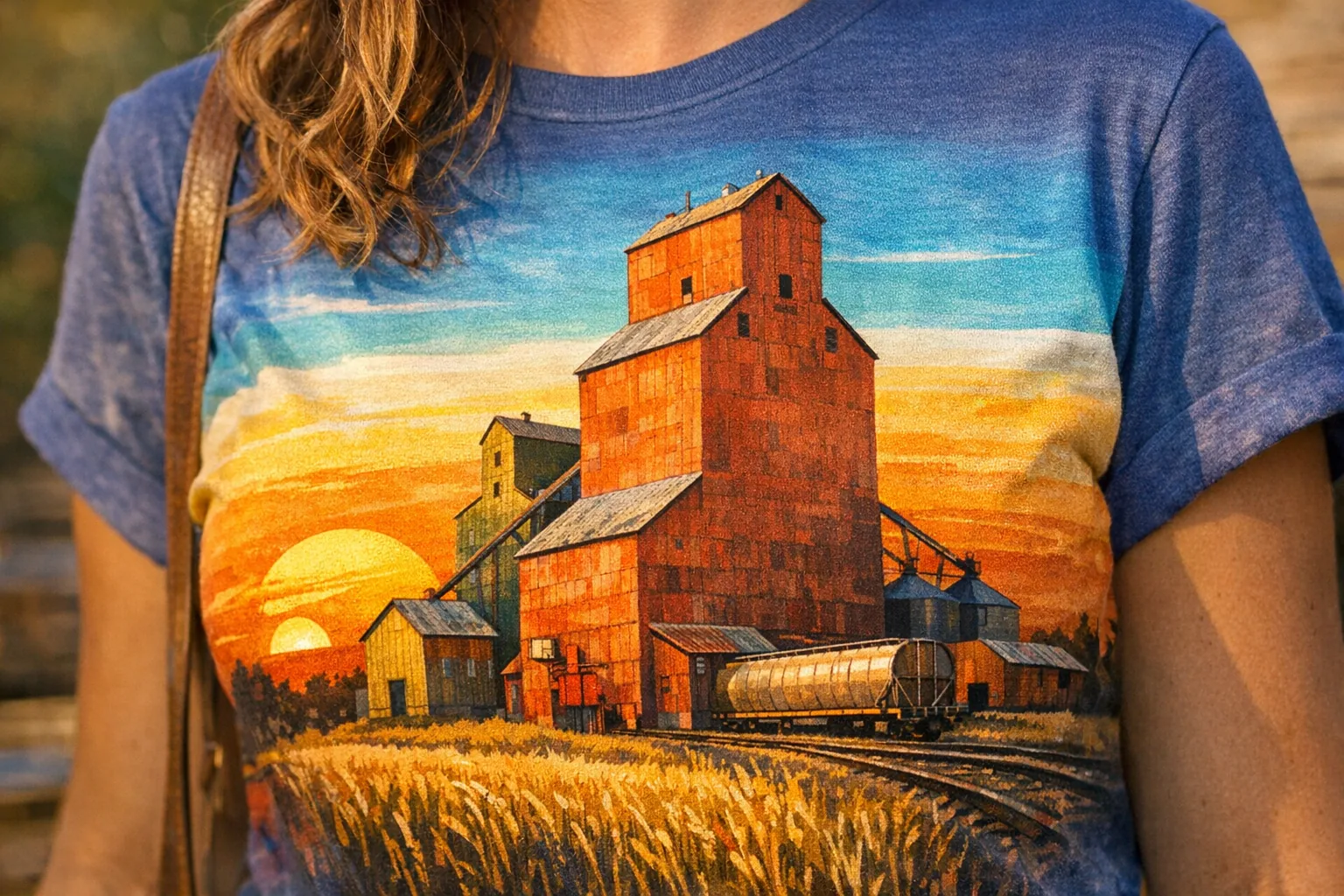 Close-up of a colorful T-shirt featuring a grain elevator graphic