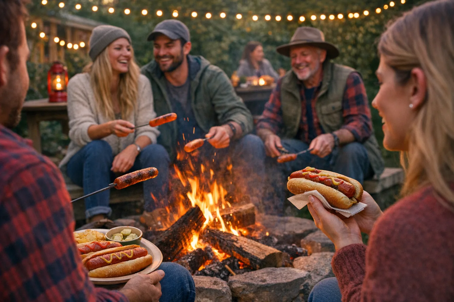 A cozy backyard bonfire with people enjoying hot dogs