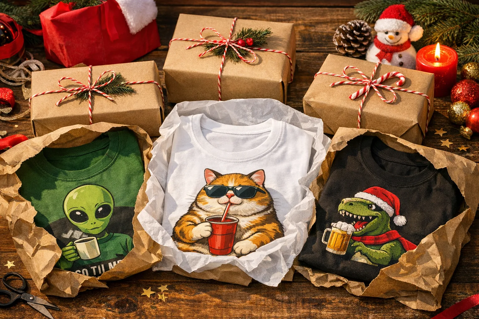 A collection of funny t-shirts perfectly wrapped for Secret Santa