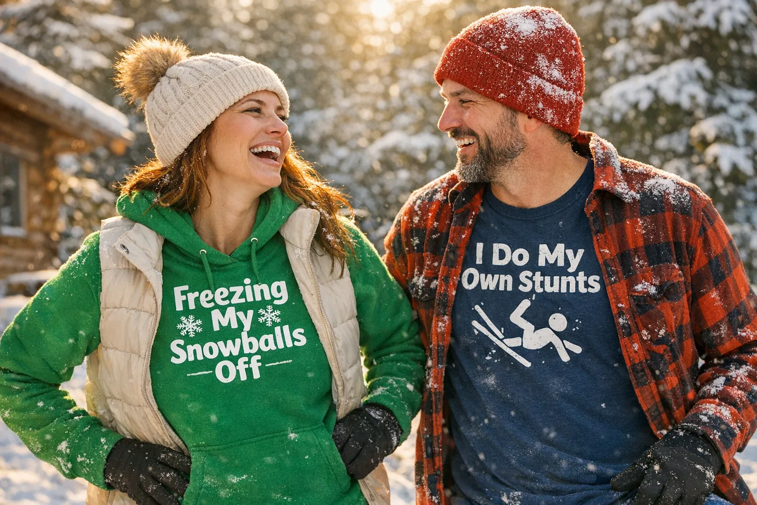 Texts on t-shirts reading humorous phrases in a winter setting