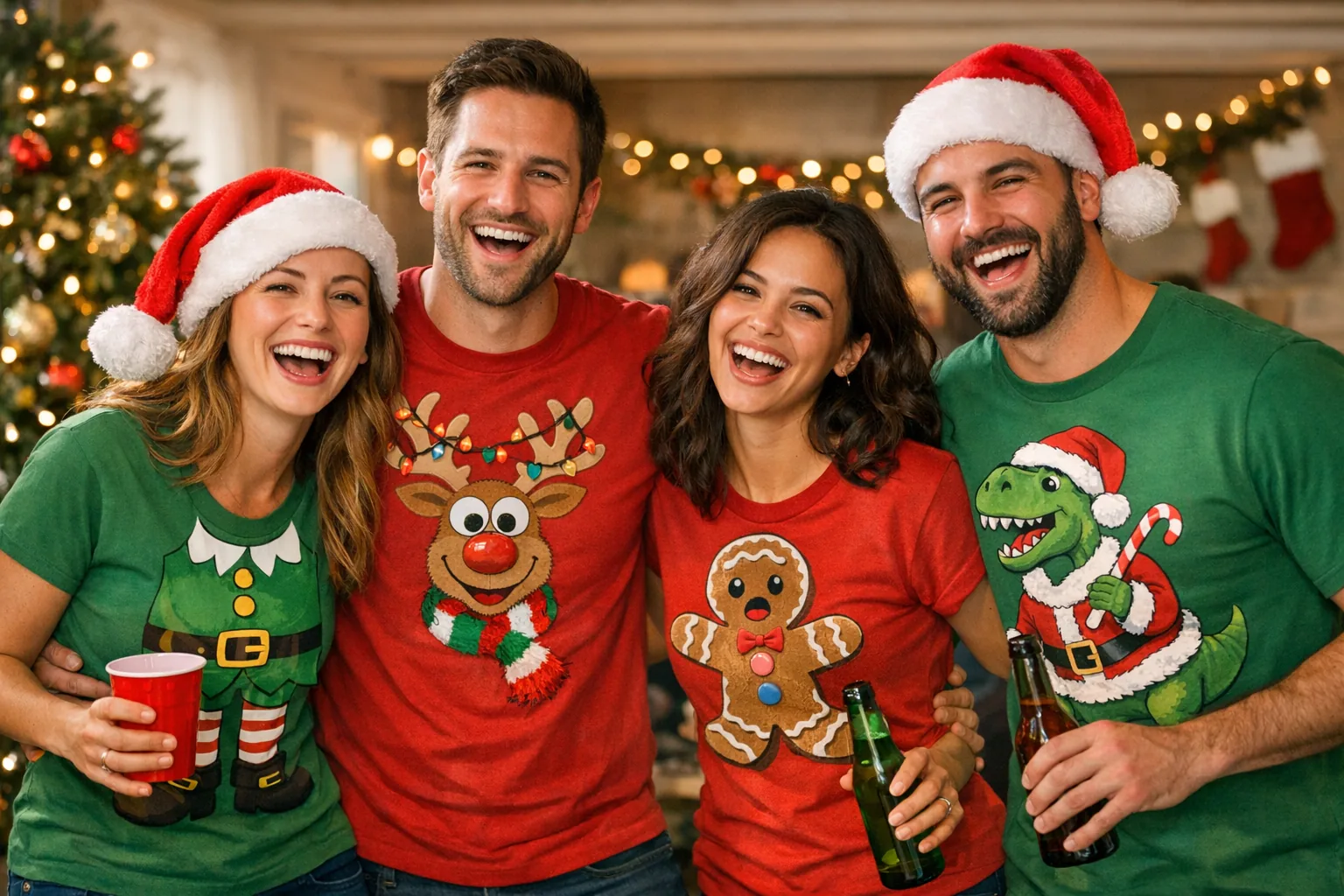 A happy group of friends wearing matching funny t-shirts at a holiday party