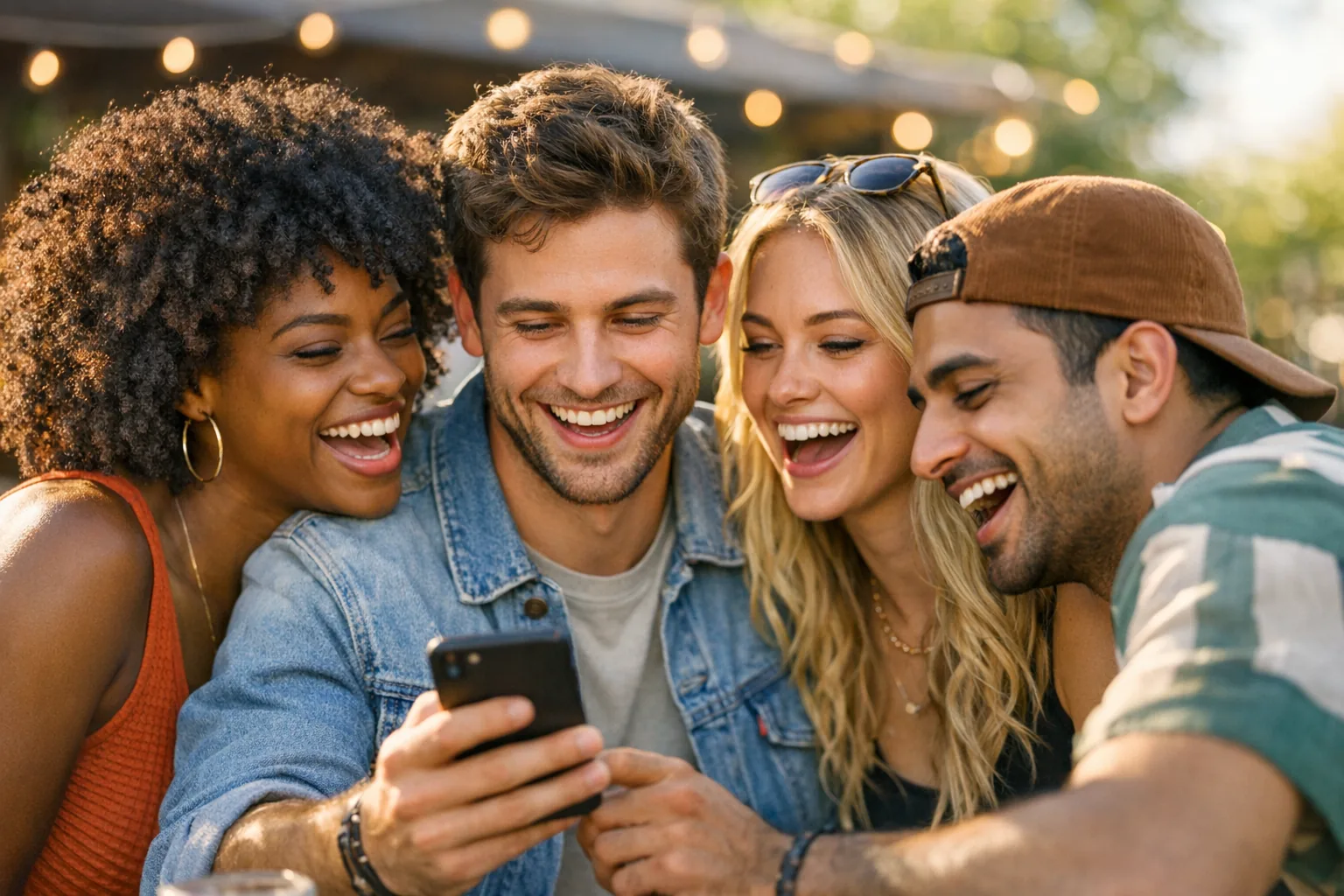 A group of friends huddled around an exchange, laughing