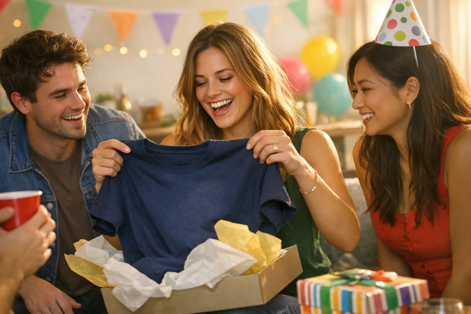 A t-shirt with a funny slogan being unwrapped at a party