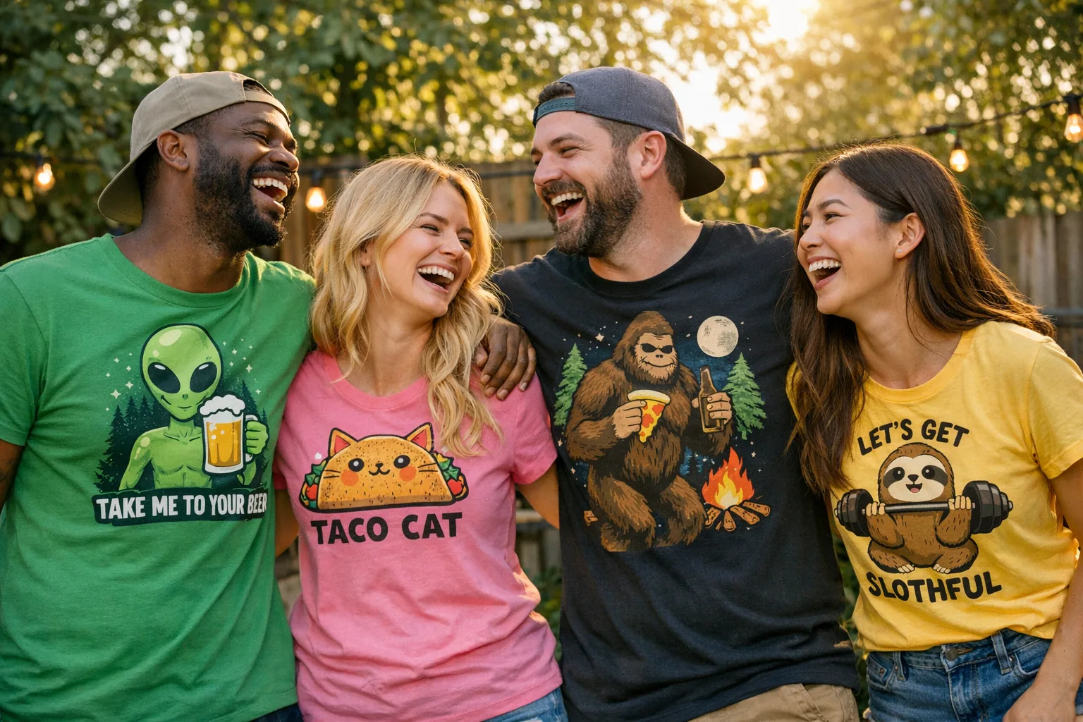 A group sharing a laugh, wearing funny t-shirts